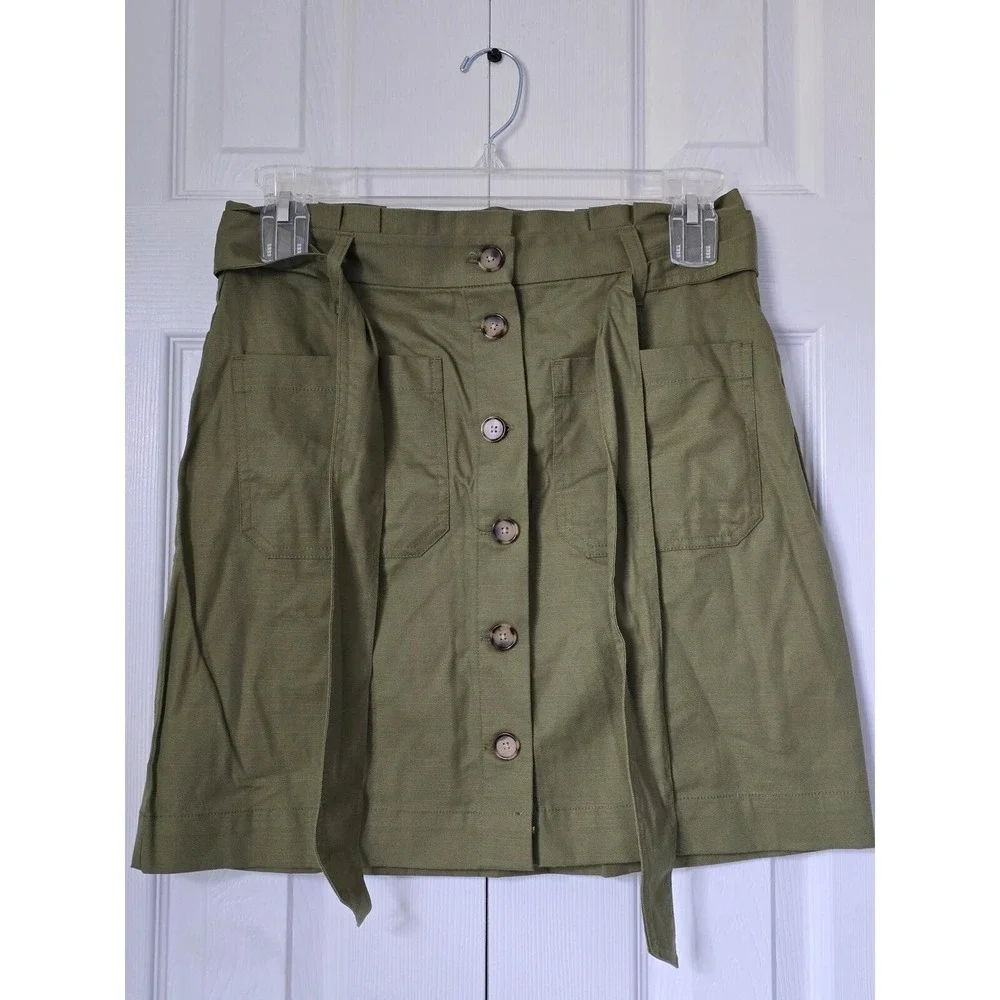 LOFT Outlet Olive Green Button Front‎ Paperbag Mini Skirt with Belt Size 6 NEW